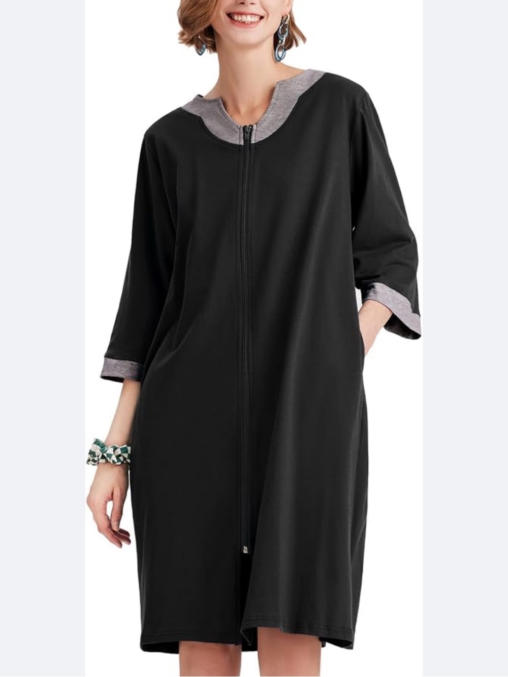 Women’s Black Zip-Front Nightgown with Heather Trim